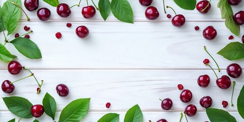 A frame of sweet, juicy cherries and leaves on a white wooden table, viewed from above. Space for text.