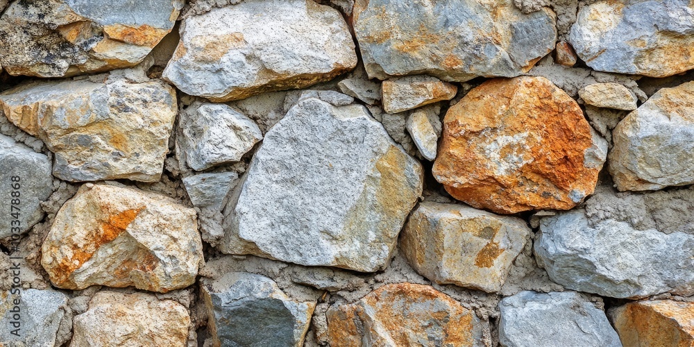 Poster detail of a rustic quartzite stone wall secured with cement and mud. copy space.