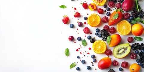 Assorted summer fruits on a white background. Fresh raw food idea. Copyspace, panorama, banner.