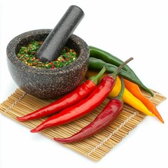 A mortar and pestle with colorful chilies, including red and green varieties, on a bamboo mat, suggesting preparation for spicy dishes.