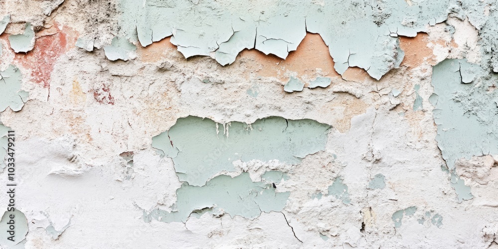Poster background, cracked wall with multiple layers of paint. fragments of peeling plaster from the wall. 