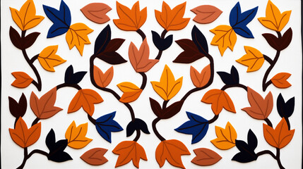 A vibrant collage featuring leaves in various shades of orange, red, brown, and blue, arranged in a symmetrical pattern. 