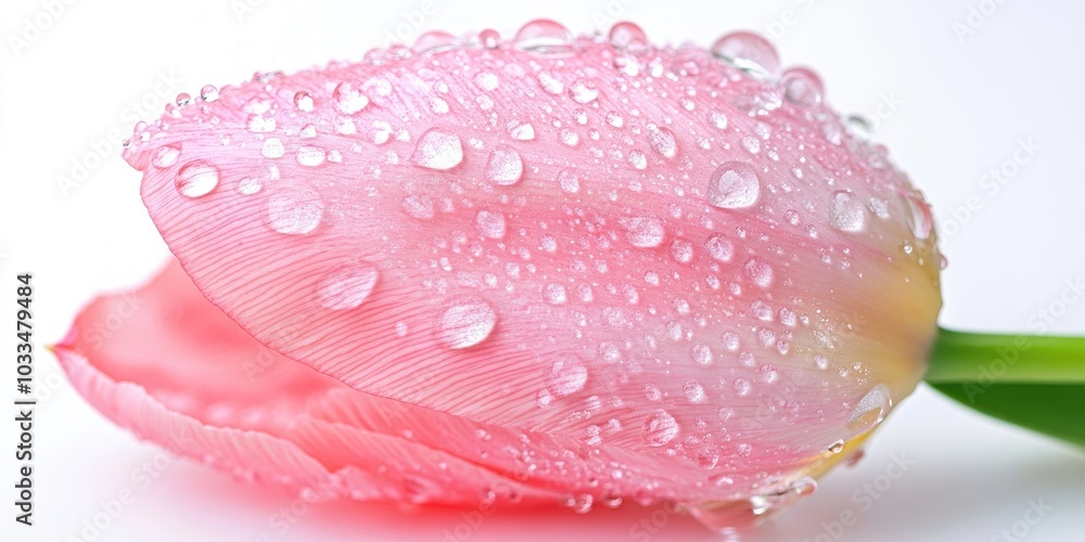 Fototapete studio shot of a pink tulip with water droplets, isolated on a white background. large depth of fiel