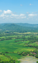 View from above, expanse of rice fields and rural atmosphere in the Ciletuh Geopark area, Sukabumi, West Java, Indonesia. The Ciletuh area has been designated as a UNESCO Global Geopark.