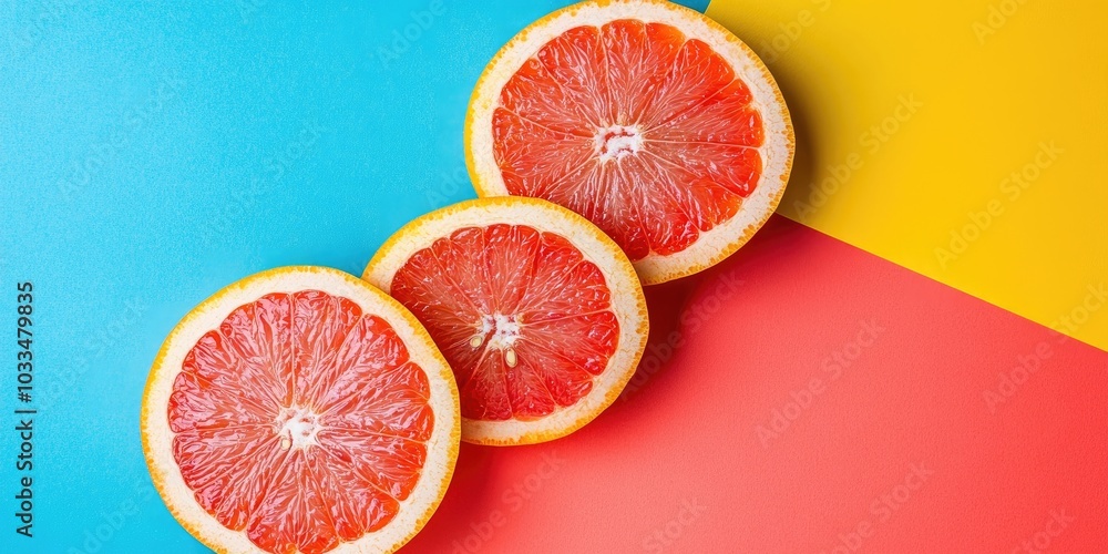 Fototapete fresh grapefruit slices on a colorful background. top view. copy space. a creative summer idea. halv