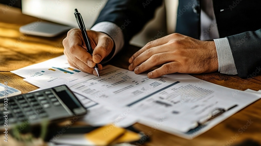 Wall mural Businessman Analyzing Financial Reports in Office