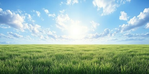 Obraz premium Vibrant green spring field under a blue cloudy sky, copyspace.