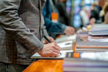 Writer signing his book for a reader during a literature event in a bookstore, surrounded by his work