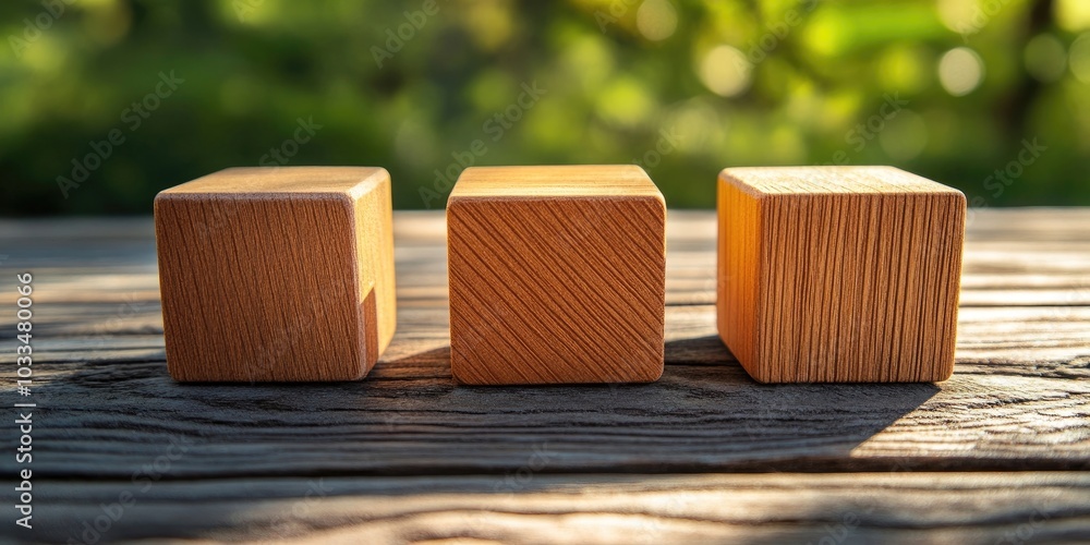 Poster Empty wooden cubes positioned on a wooden table with a natural background.