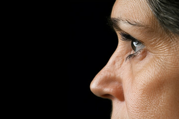 eye and nose of older woman looking away from camera on black background with copy space