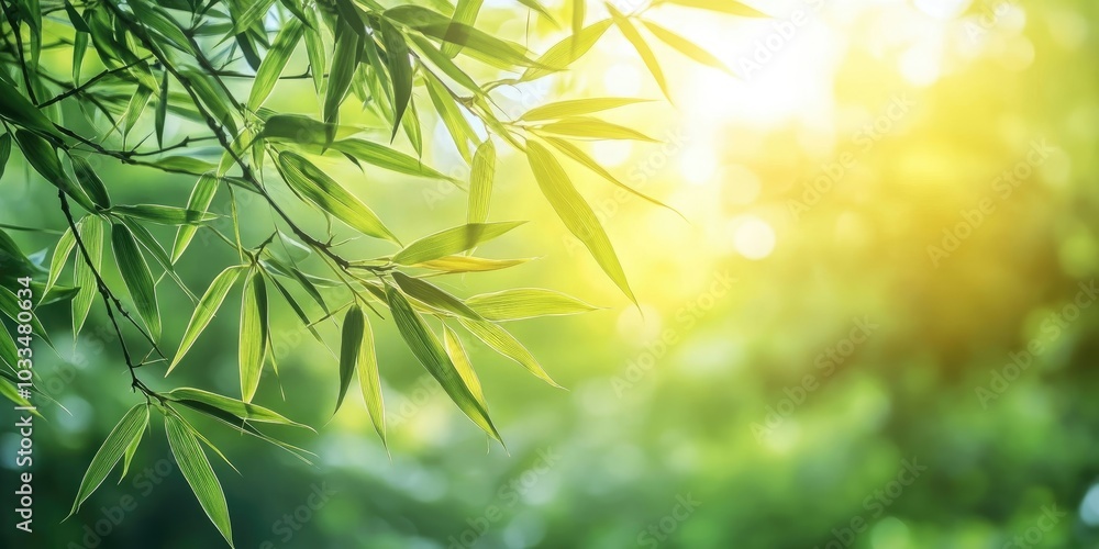 Aufkleber close-up view of bamboo leaves set against a blurred green tree background with sunlight in a public