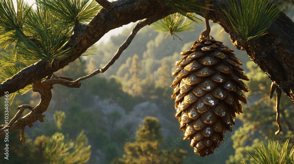 Poster a large pine cone hangs from a branch, with a blurred background of pine trees.