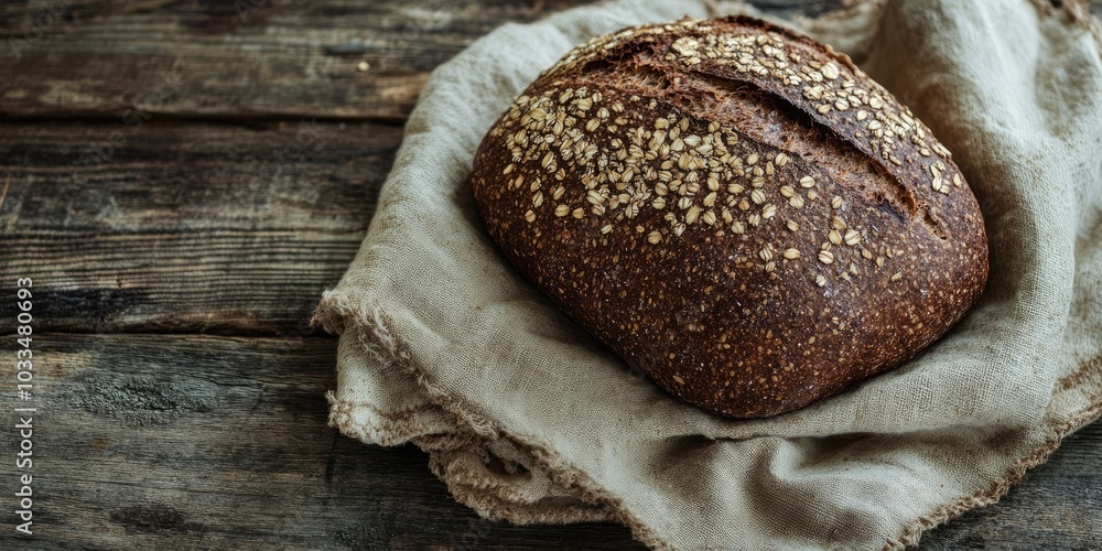 Poster a loaf of black bread with seeds on a textile towel placed on a rustic wooden surface. vertical arra