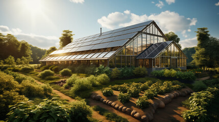 Obraz premium Greenhouse with Solar Panels: Capture a greenhouse equipped with solar panels on the roof, emphasizing energy-efficient farming, green agriculture