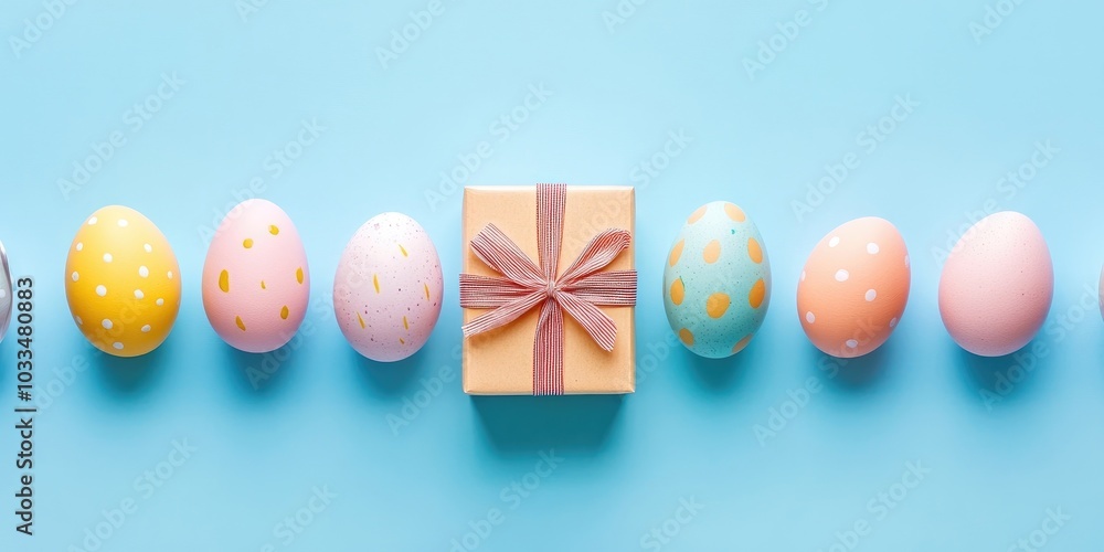 Aufkleber Easter holiday backdrop featuring eggs. A top view of a row of colorful painted chicken eggs alongside a gift box with a ribbon.