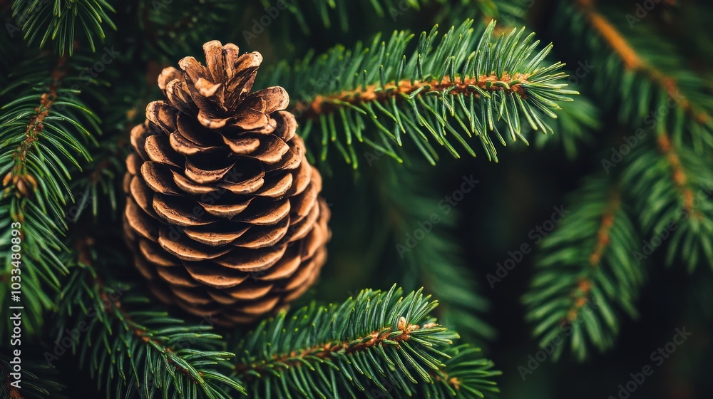 Poster a close-up of a pine cone on a branch of a fir tree.
