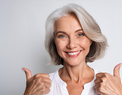 Mujer mayor en actitud positiva y de exito feliz y sonriente Concepto de superaci&oacute;n, fortaleza en el dia internacional de la felicidad