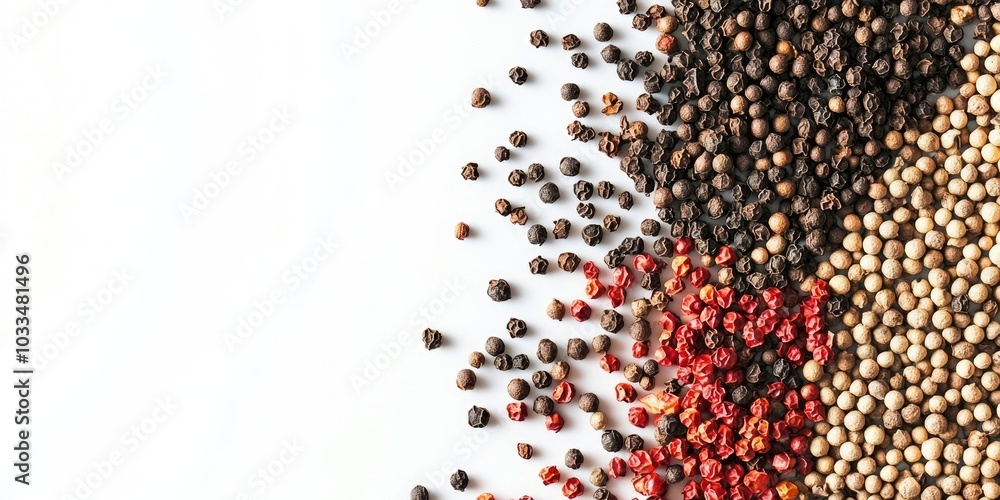 Poster pepper spice texture. viewed from above. set against a white background. pepper on the left, space f