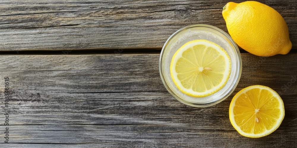 Poster lemon juice or lemonade alongside a yellow lemon slice on a wooden table background. copy space.