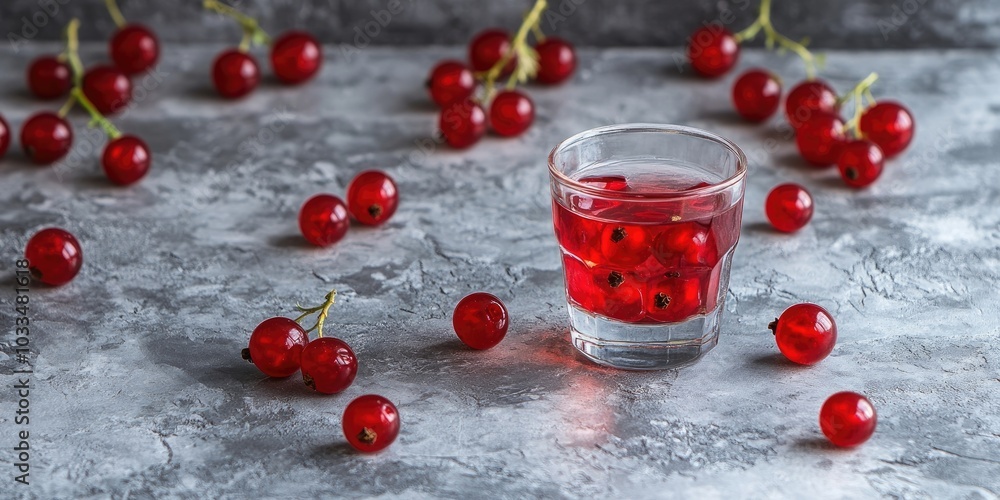 Aufkleber red currant in a shot glass, with the rest spread out around it on a gray textured backdrop.