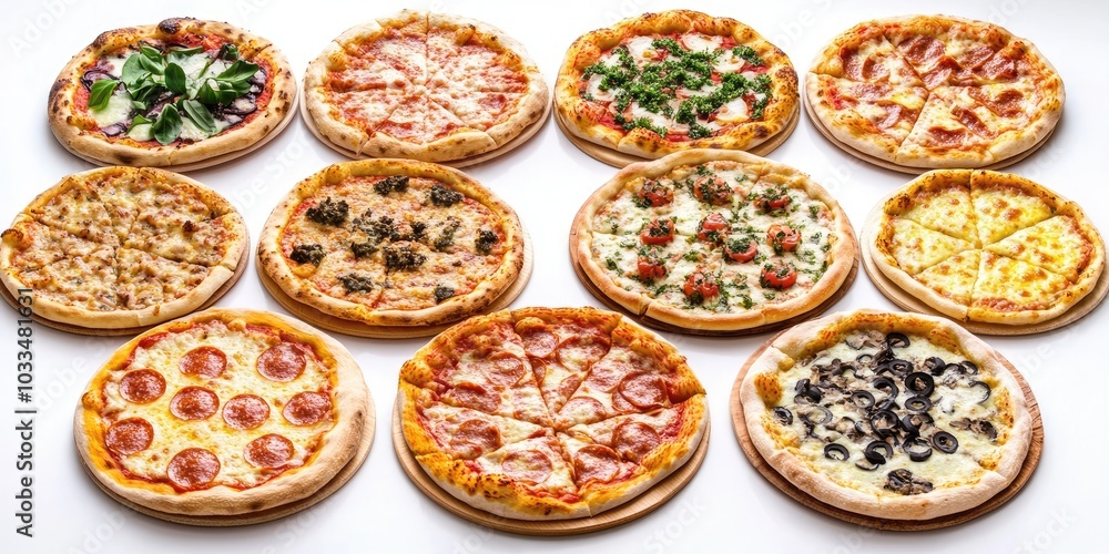 Poster assorted pizzas isolated on a white background.