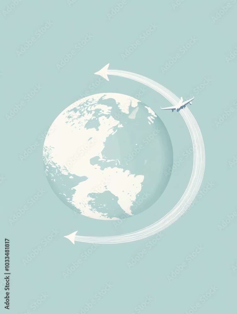 Poster a globe highlights international travel as an airplane flies around it, leaving a distinct trail rep