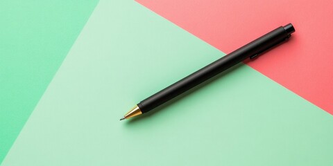 White mockup blank and pen on a geometric background of green, pink, and red. Minimalist concept, copyspace for text.