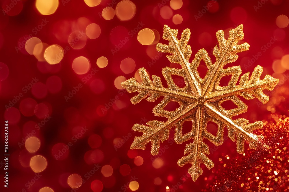 Poster festive golden snowflake ornament is shimmering on a red background with bokeh