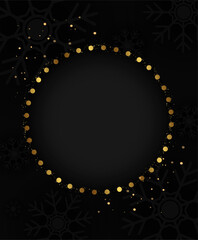 Abstract holiday background with round banner frame, dust and golden snowflakes