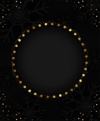 Abstract holiday background with round banner frame, dust and golden snowflakes