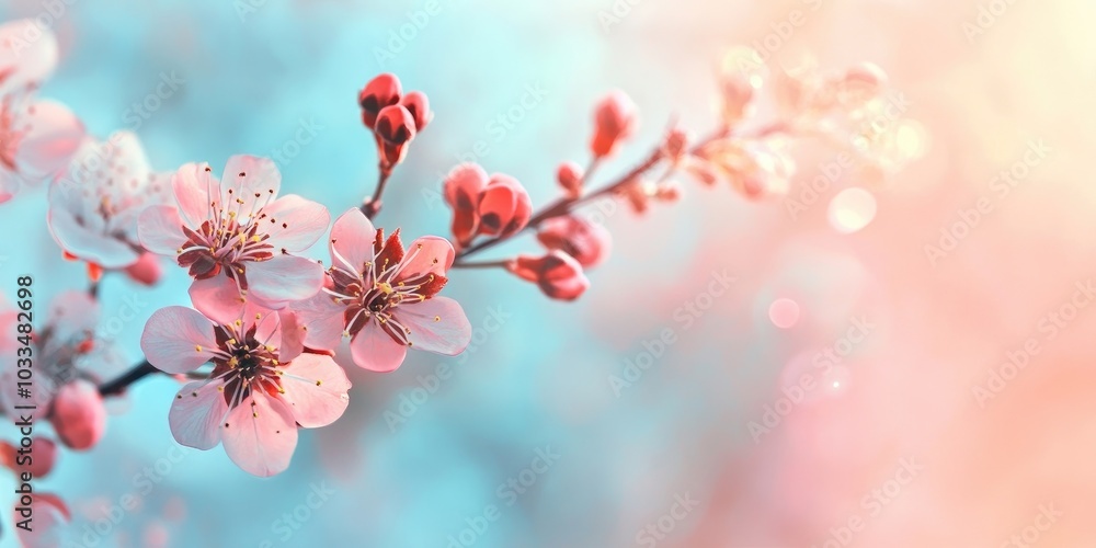 Poster Spring blossom orchard. Abstract blurred backdrop. Soft colors with a toned effect. Copyspace with a border.