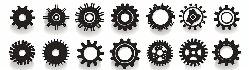 Several black gears casting shadows on a white backdrop