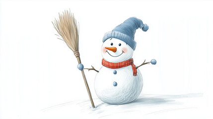 Cute Snowman Illustration with Broom and Hat