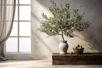 Fototapeta premium Olive tree decorate inhome windowsill furniture table.