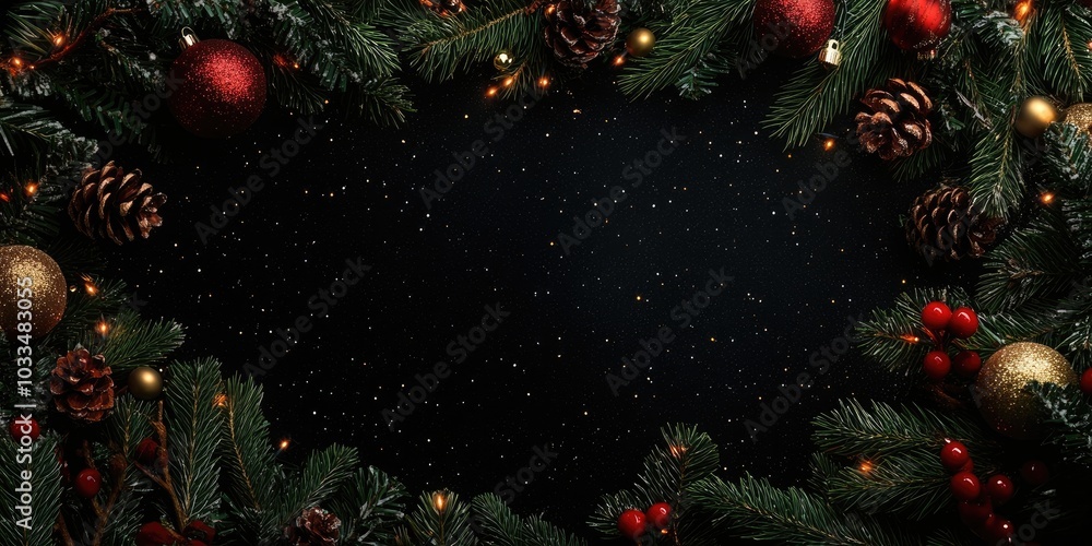 Aufkleber christmas frame created from fir tree branches and decorations on a black background with room for t