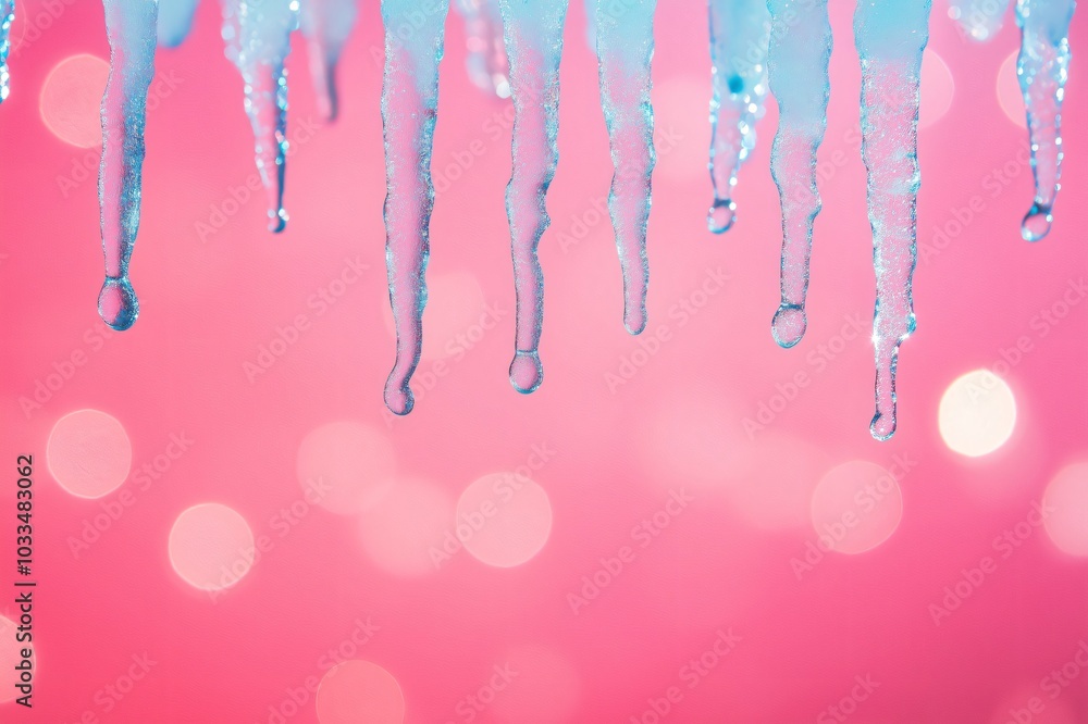 Poster melting icicles on pink background with bokeh effect, showing transition from cold to warm in nature