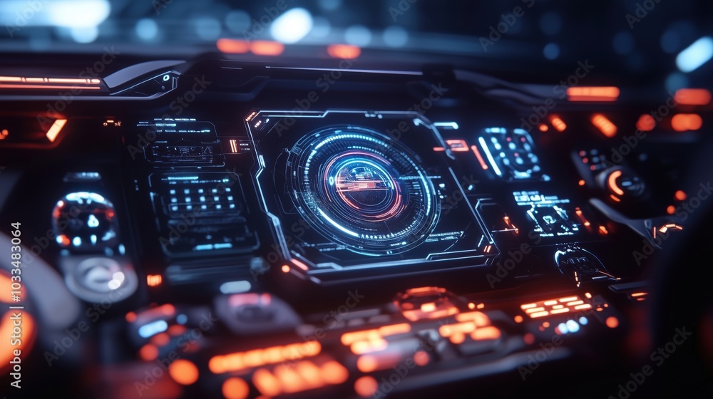 Poster futuristic dashboard interface with glowing elements and high-tech displays