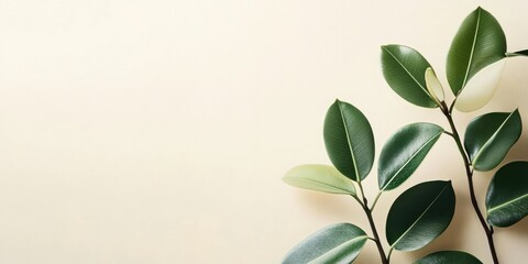 Home plant ficus on a light backdrop with vacant copyspace for text. Green rubber plant.
