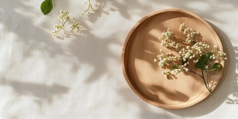 Wooden plate featuring branches of linden flowers on a light background.