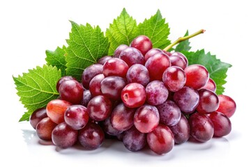 Fototapeta premium Fresh Juicy Red Grapes with Green Leaves Isolated on White Background for Healthy Eating Concepts and Fruit Photography