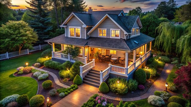 Low Light Photography of a Charming House with a Porch and Deck at Dusk, Inviting Atmosphere, Cozy Warm Lights, Tranquil Evening Scene, Ideal for Home and Garden Inspiration
