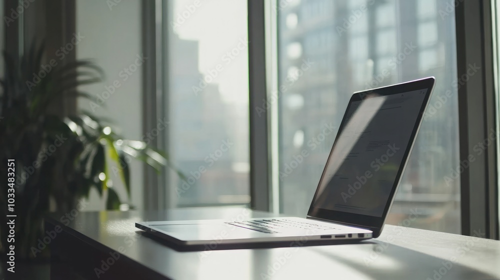 Poster open laptop on a desk in front of a window with a city view.