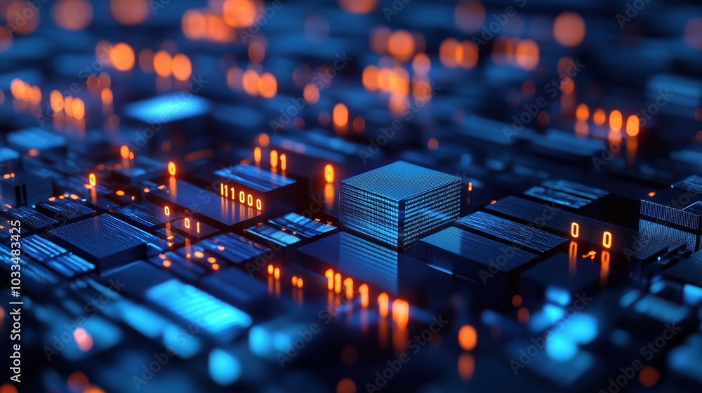 Poster abstract digital circuit board with glowing elements, intricate patterns, technology