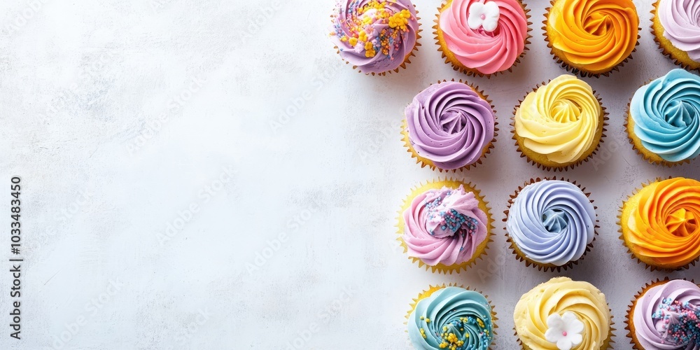 Poster vibrant spring cupcakes on a horizontal white backdrop with copy space.