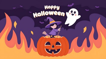 Fototapeta premium A Witch on a Jack-O-Lantern with a Ghost and Bats in the Night Sky