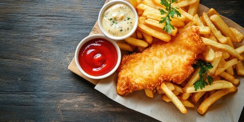 Traditional English cuisine - Fish and Chips. Breaded fish fillets and crispy French fries accompanied by ketchup and homemade tartar sauce.