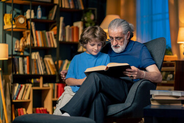 a warm light of living room with library big blue armchair grandfather sitting with grandson...