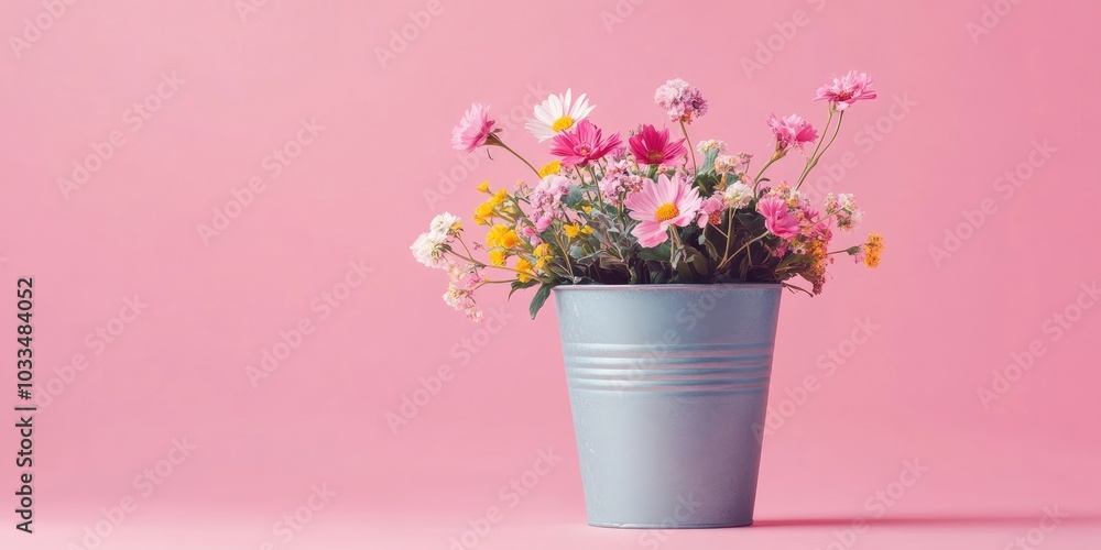 Poster spring flowers in a bucket against a pink background