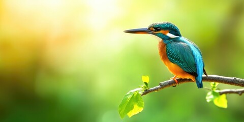 Obraz premium Common kingfisher perched on a branch with copyspace.