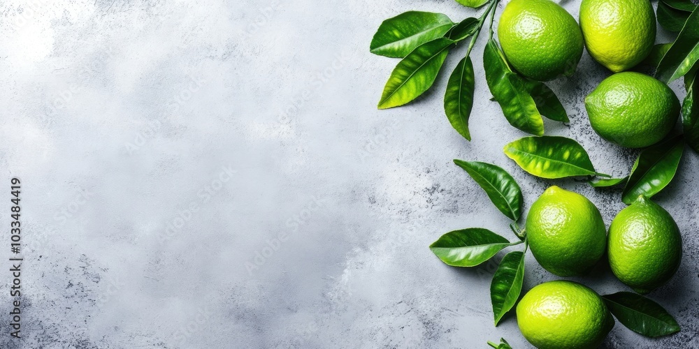 Poster concrete background featuring juicy limes. top view with copyspace.